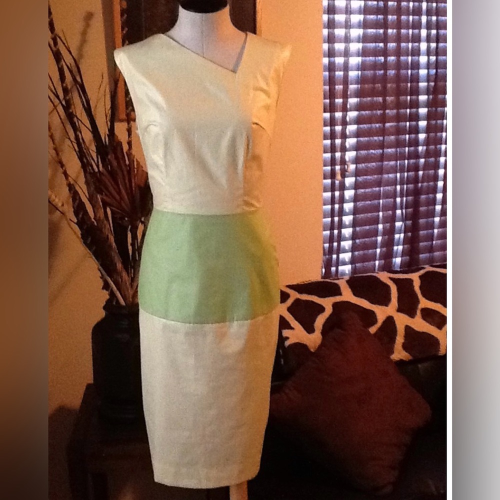 Elegant Cream and Green Sleeveless Dress